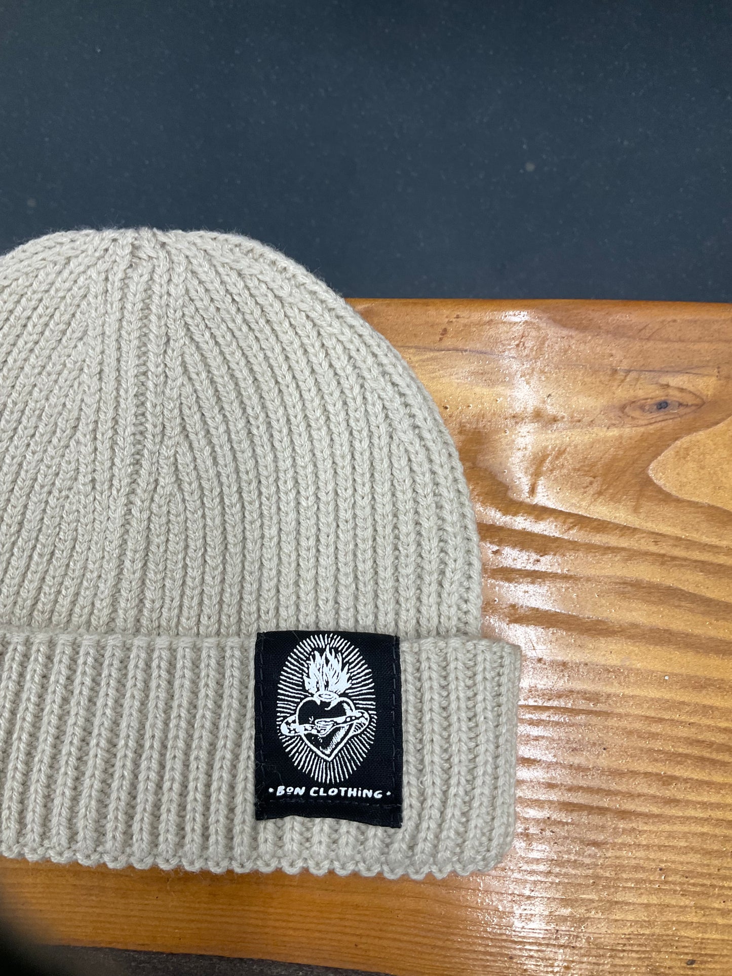 RECYCLED, ORGANIC HARBOUR STYLE BEANIES WITH SACRED HEART PATCH.