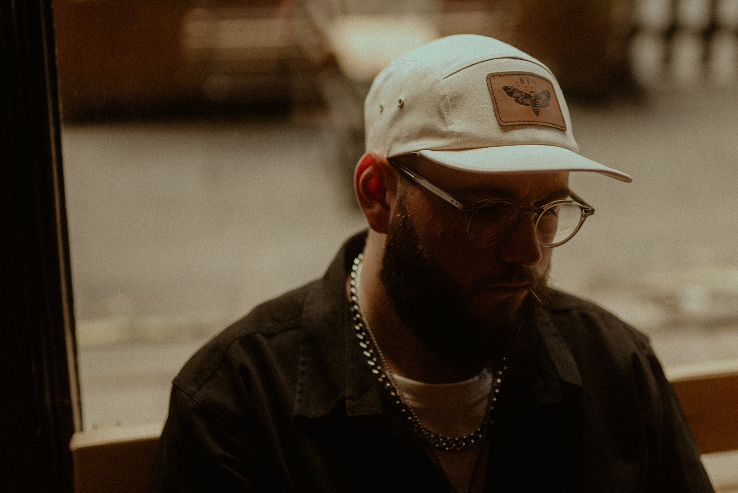 ORGANIC CREAM 5 PANEL WITH DEATH MOTH ON PLEATHER PATCH CAP