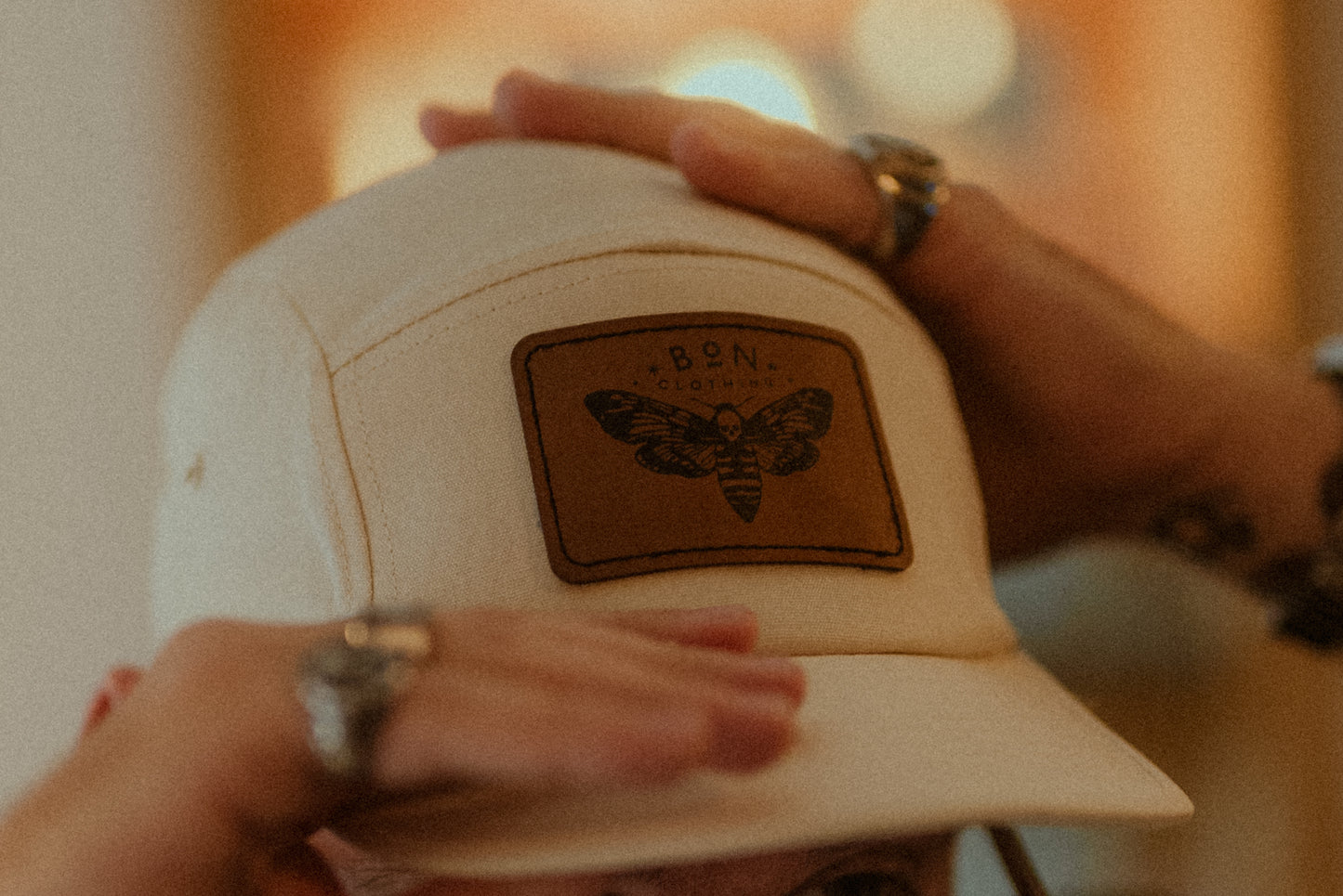 ORGANIC CREAM 5 PANEL WITH DEATH MOTH ON PLEATHER PATCH CAP