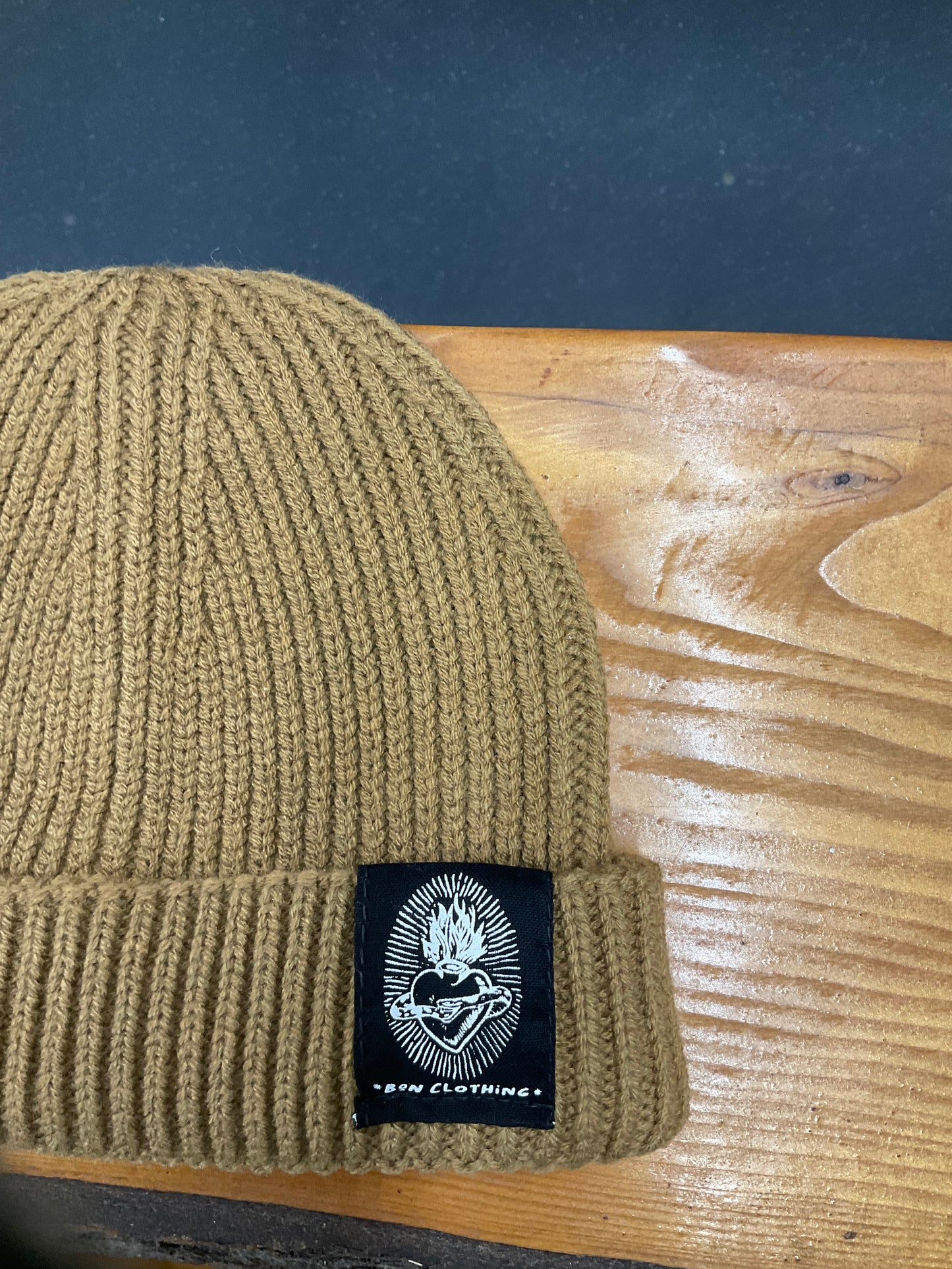 RECYCLED, ORGANIC HARBOUR STYLE BEANIES WITH SACRED HEART PATCH.