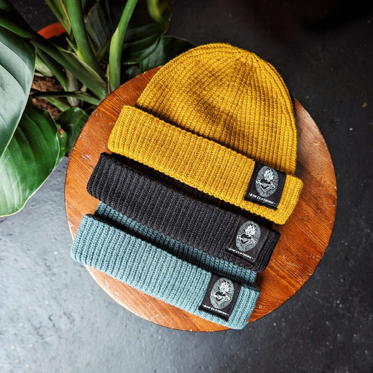 RECYCLED, ORGANIC HARBOUR STYLE BEANIES WITH SACRED HEART PATCH.
