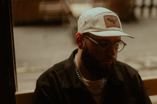 ORGANIC CREAM 5 PANEL WITH DEATH MOTH ON PLEATHER PATCH CAP